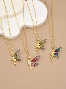1pc Stainless Steel Fully Rhinestoned Angel Wings Luxury Necklace For Women