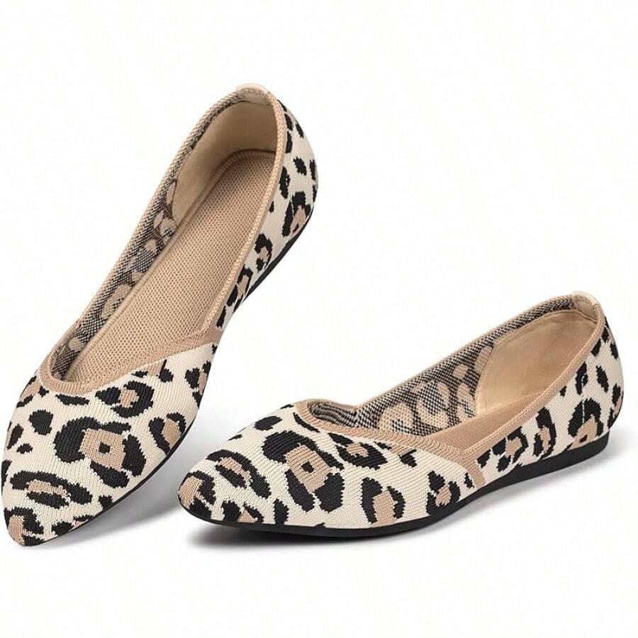 Womens Flat Shoes Classic Pointed Toe Flats Knitted Dress Shoes Soft Comfortable Dressy Flats Women - 6042豹 - 查看 1