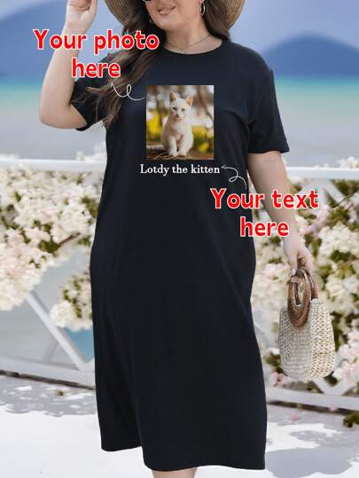 Vestido de mujer de talla grande personalizado con foto + texto, impresión de foto personalizada, sube tu imagen divertida/mascota/foto de amigo diseñada en la parte delantera, vestido de mujer de talla grande, texto personalizado de cumpleaños/nombre/bendición, vestido de mujer de talla grande, personalización de patrones de cumpleaños/aniversario/vacaciones, personalización de uniforme de equipo/ropa de exterior/uniforme escolar/ropa deportiva, vestido de talla grande personalizado, regalo de vacaciones