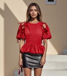 Women's Solid Color Elegant Short Puff Sleeve Tops Round Neck Shirred Tie-Up Bow Peplum Summer Blouse