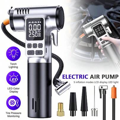 Multipurpose Air Pump With 5 Inflation Modes 3 Lighting Modes With A Display Screen For Inflating Car, Motorcycle, Bicycle Tires, Basketballs Also As Window Breaker Seat Belt Cutter