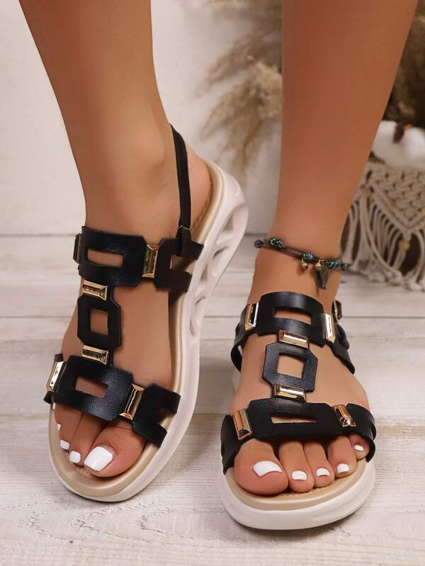 Damen Geometrisches Muster Flach Sandalen, Boho Stil, PU Leder, Schnallenverschluss, modische Flach Sandalen, Sommer Urlaub