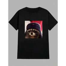 Streetwear T-Shirt  Raccoon Soviet Hat Ushanka Street Fashion Urban Culture Skaters Unisex Men Women 100% Cotton Premium Top Streetwear New Arrival Immediate Shipping Various Colors!! Plus Size - 黑色 - 查看 2