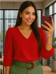 Women's Crepe Duna Blouse With 3/4 Puff Sleeve Plus Size And Slim - Đỏ - Xem 4