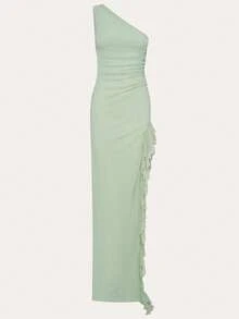 Women's Elegant Ruffle Trim Asymmetric Shoulder Strap Slit Dress