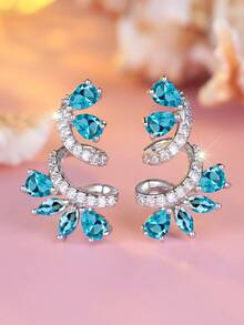 1 对奢华海军蓝方晶锆石花朵耳环，耐用闪亮的配饰，适合婚礼、订婚、派对和日常佩戴