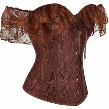 Women Corset Top With Lace Sleeve Lace Up Bustier Lingerie Waist Trainer Costume Tops - 棕色 - 查看 7