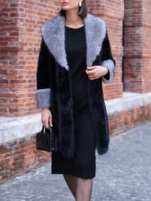 Women's Long Sleeve Contrast Color Big Fur Collar Warm Faux Fur Coat - Dark Grey - View 3