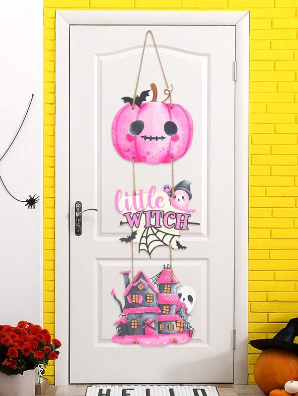 1set Wooden Halloween Decor Door Hanging Decoration Props,Pink Pumpkin Castle Ghost Design Halloween Ornament,Spooky Halloween Pendant,Halloween Gift,Holiday Party Favors,Halloween Decoration,Happy Halloween Decor,Halloween Party Supplies,Party Decoration,Home Decor,Room Decor,Wall Decor,Festival Atmosphere Props,Trick Or Treat