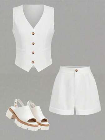 Dam Casual Enfärgat Elegant Kontorskläder Knappficka Asymmetrisk/Asymmetrisk Väst & Shorts 2-delat Set, Sommar