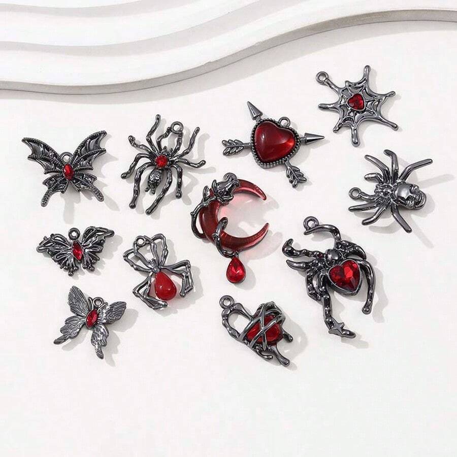 5pcs/10pcs Random Y2K Dark Sweet & Spicy Series Moon, Spider, Butterfly DIY Earrings, Necklaces, Keychains & Accessories - Red-10pcs - View 1