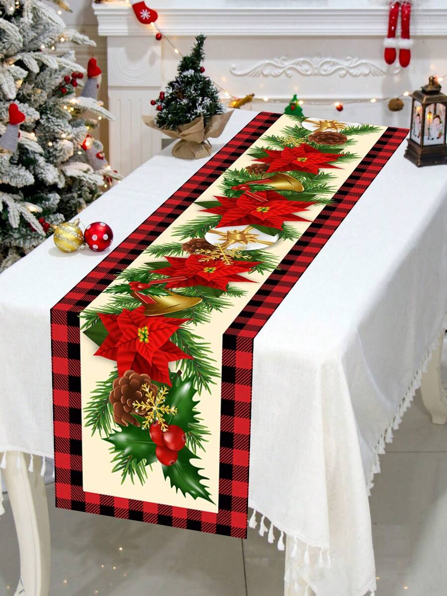1pc Christmas Theme Decoration Table Runner, Christmas Red Haige Border With Large Red Flowers Pattern Table Cloth, Christmas Party Table Decorative Tablecloth, Table Cloth Perfect For Christmas Kitchen Decoration Living Room Decoration Party Table, Christmas Home Decoration, Merry 2025 Christmas Decorations , - Big Red Flower With Red and Black Grid Border - View 1