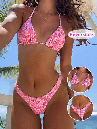 Women's Sexy Floral Striped Print Bikini Set, Triangle Deep V Bikini, Suitable For Beach Vacation