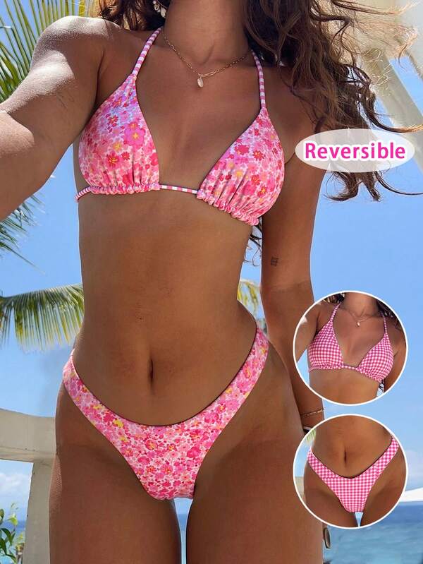 Women's Sexy Floral Striped Print Bikini Set, Triangle Deep V Bikini, Suitable For Beach Vacation Summer