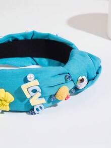 1 件纯色织物结顶结头带，手工制作，镶嵌宝石、珍珠、心形和蝴蝶结装饰，可爱、时尚头巾发饰，适合女士、发带、发箍 - 藍色 - 查看 3