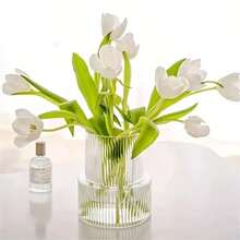 1Pc Elegant Striped Glass Vase, Modern Minimalist Glass Vase, Cylindrical Design, Suitable For Home Decor, Rome Decorations, Restaurant Table Centerpiece Decoration, Garden Decor, Wedding Decor And Birthday Party Gifts Room Decor Flower Vase - Clear - View 9