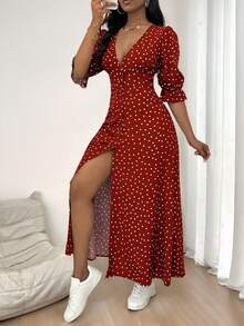 Elegante Vintage de la Mujer de puntos impresos con cuello en V Botón de Split Vestidos,Falda larga estampada de media manga - Rojo - Ver 1