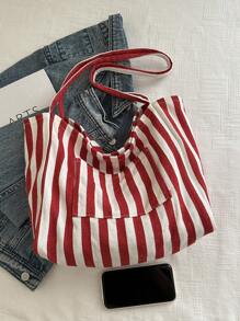 Bolso de lona a rayas retro elegante, de gran capacidad, espacioso y versátil, ideal para el trabajo, la escuela o salir, bolso escolar, bolso de lona, bolso de playa, bolso de compras [Colocación aleatoria de colores a rayas verticales]