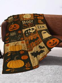 Halloween1pc Retro Card Ventilation Flannel Blanket, Printed With Pumpkin, Owl, Black Cat Elements Throw Blankets, Blanket For Bed, Tapestry, Suitable For Home Decor, Bedroom Decor, Room Decoration Stuff, Living Room Decor, Picnic Blanket, Best Friend Gifts, Bed,Birthday Present.