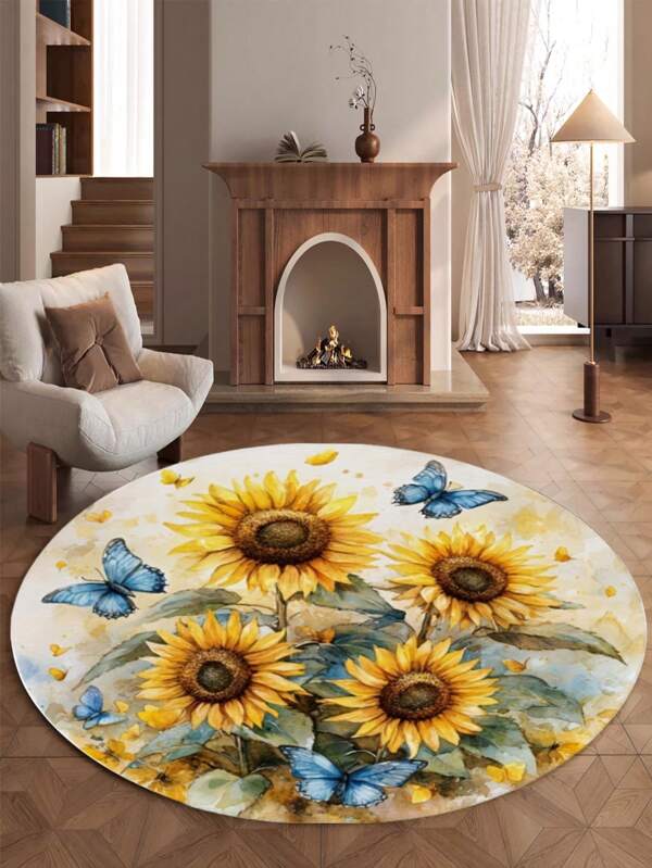 1pc Autumn Sunflower & Butterfly Velvet Round Carpet, Suitable For Living Room, Dining Room, Study, Bedroom, Personalized Home Decor, Fashion Home