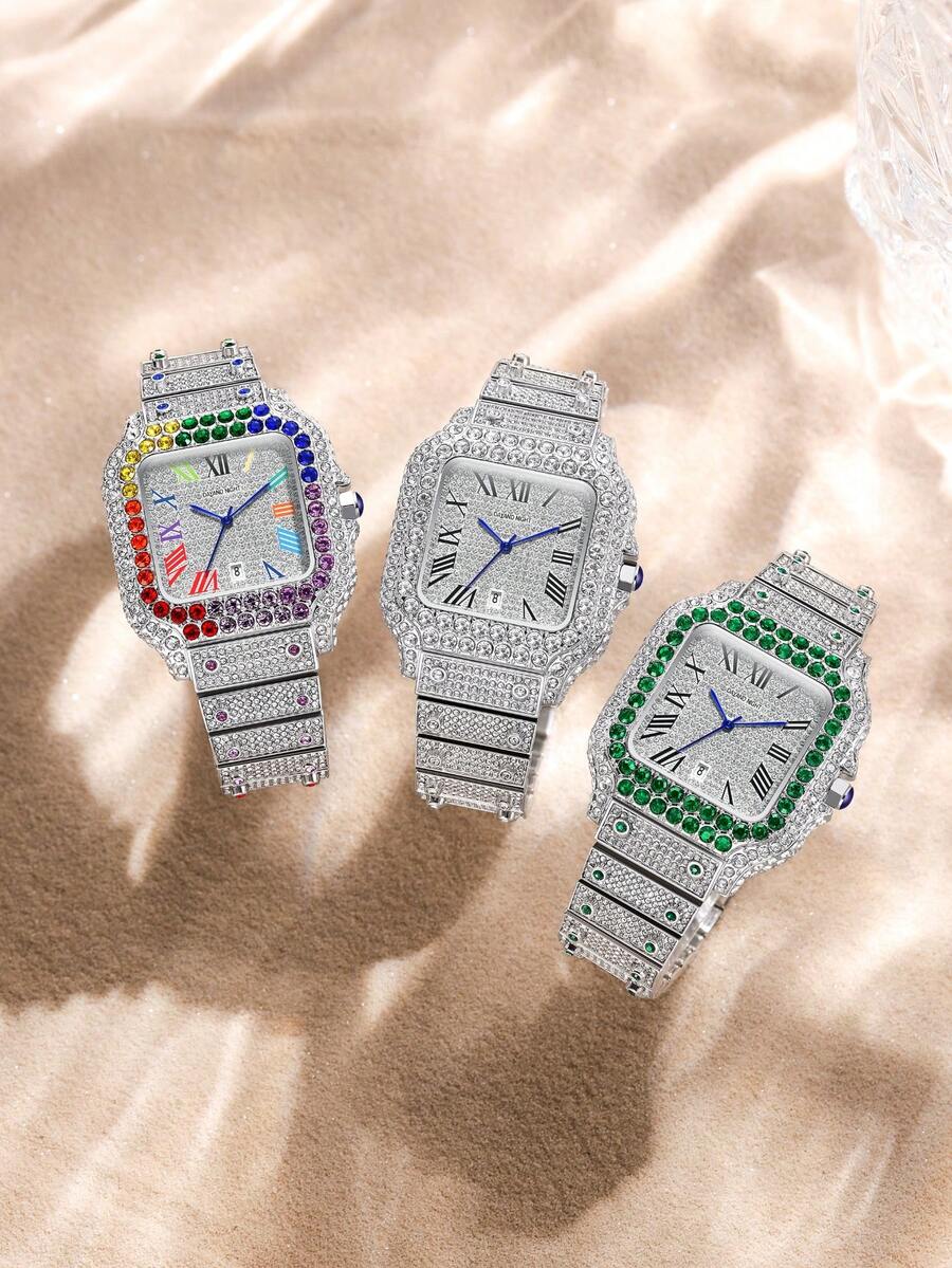 DAYAND NIGHT 2025 New 42mm Full Rhinestone Luxury Quartz Watch, Iced-Out Diamond Watch, Moissanite Roman Watch, Dazzling, Unisex, Business Casual, Fashion Versatile, Waterproof, Popular Model - 22 Colors, Suitable For Party, Banquet, Daily Wear, Gift For Valentine's Day, Anniversary, Birthday - 玫瑰金 - 查看 1