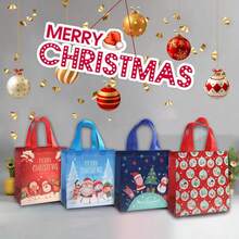 5 件随机圣诞快乐礼品袋带手柄 - 可重复使用的无纺布手提袋，适用于节日礼物、派对礼物和购物，带有圣诞老人、雪人、驯鹿和各种设计 - 9*8.7*4.3 英寸，款式和颜色随机
