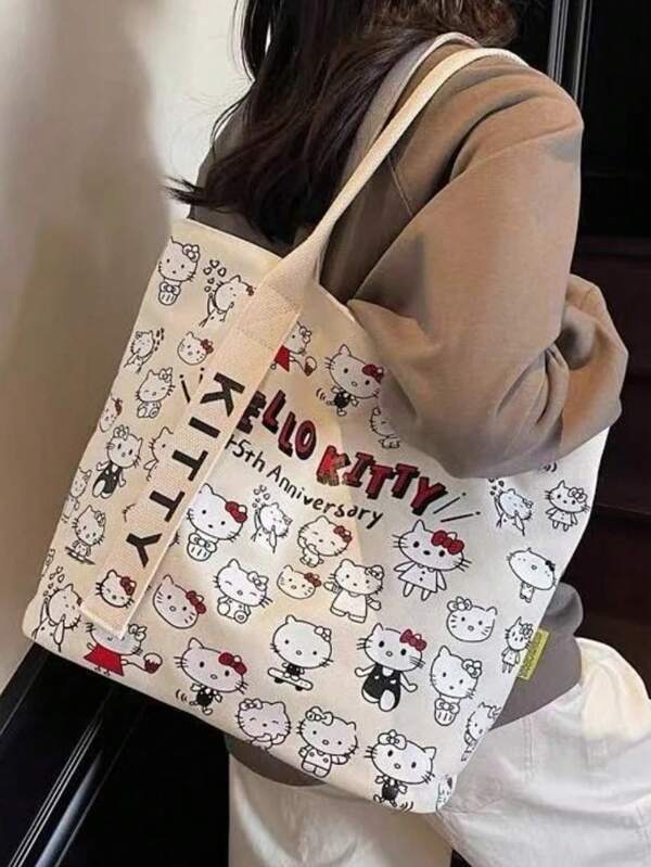 Sanrio 1pc Sanrio Hellokitty Cartoon Canvas Bag, Fashionable Women's Handbag, Cute For Commuting, Versatile Single-Shoulder Tote, Large Capacity, Suitable For Outdoor Leisure Sports