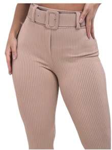Women's 3D Ribbed Riding Pants Leggings With Belt High Waist Pocket - 米色 - 查看 3