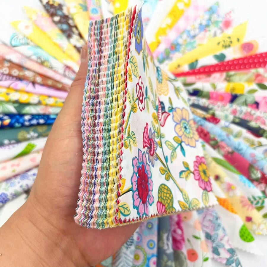 Set Kain Patchwork Motif Bunga & Botani Aneka Warna, 100 Warna Acak, Kain Cetak DIY Cerah, Hanya Dapat Dicuci dengan Tangan, Cocok untuk Menjahit, Patchwork, dan Hadiah Liburan Buatan Tangan DIY