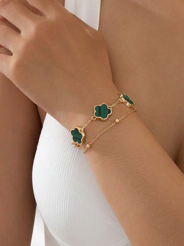 1pc Fashionable New Adorable Clover Design Two-Layer Bracelet, Party Gift (Random Beads Quantity)
