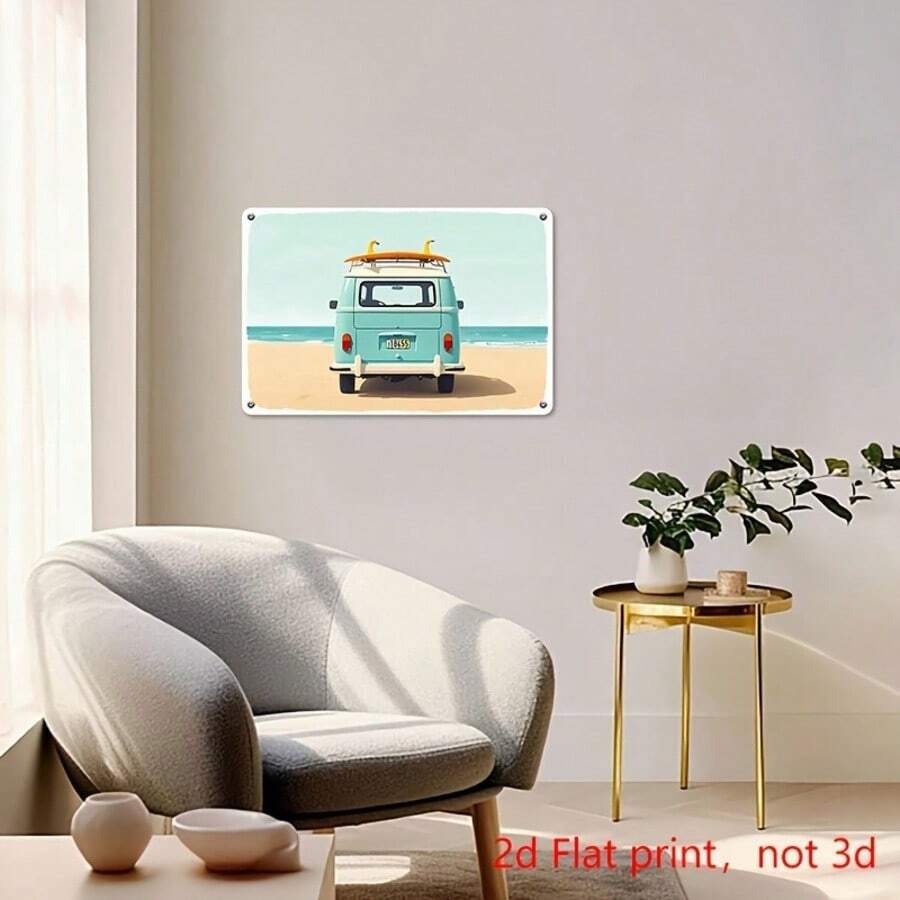 Vintage Metal Sign 8x12 Inches Beach Van With Surfboard On Roof, 2D Flat Print Wall Art - Multicolor - View 1