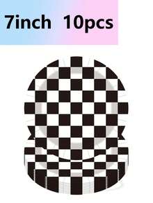 10件套赛车主题黑白格纹派对纸盘套装，一次性生日纸盘、纸杯、纸巾，生日派对用品，露营，茶话会，宴会，婚礼用品 - 彩色 - 查看 9