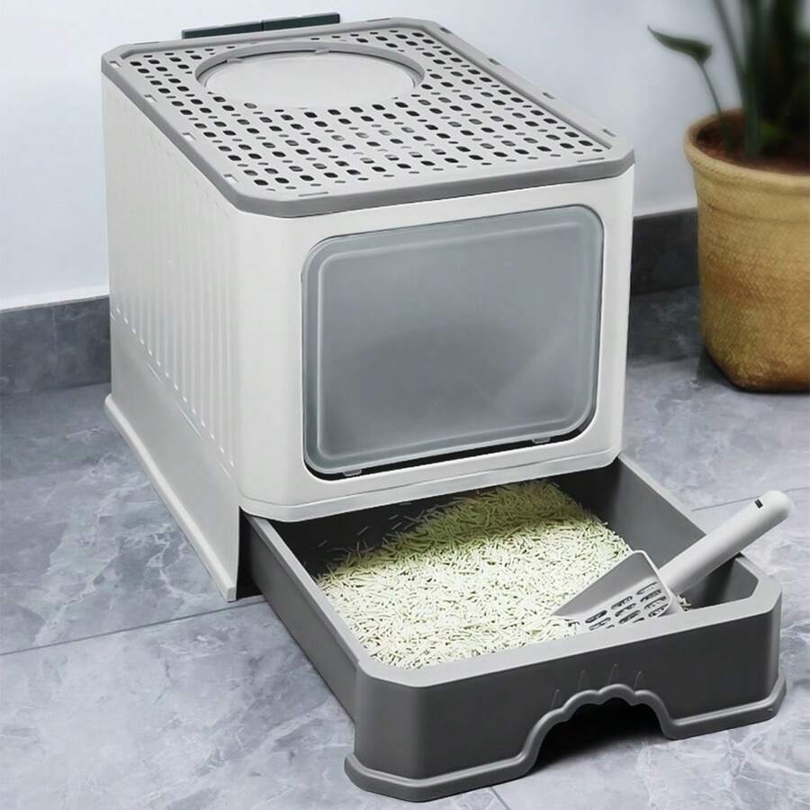 Große Katzentoilette mit 2 Kanälen, geschlossenes Design, mit Schublade, Schaufel, schmutzabweisend, auslaufsicher, 50 x 37 x 38 cm - Grau - Übersicht 1