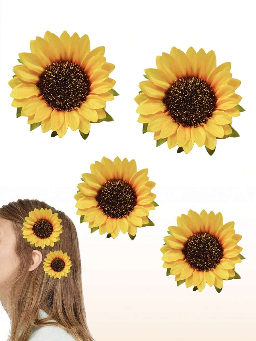 4 件套女孩向日葵发夹，黄色花朵发夹雏菊发夹，大号和小号向日葵发夹花卉发饰 - 黃色 - 查看 1