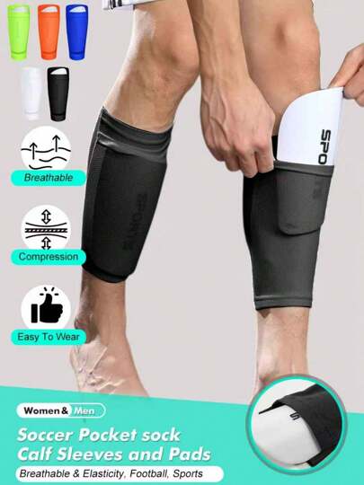 1 set - 1 par de mangas y almohadillas para pantorrillas de calcetín de bolsillo para hombres y mujeres, transpirable y elástico, manga para rodilla para futbolistas y jugadores de fútbol, almohadillas gruesas de EVA, para alturas superiores a 95 cm/37 pulg., en negro, blanco, azul, verde, naranja, tallas S/M/L