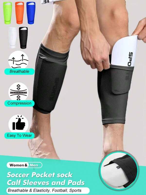 1 Set - 1pair Pocket Sock Calf Sleeves And Pads For Men & Women, Breathable & Elasticity, Knee Sleeve For Football, Soccer Players, Thick EVA Pads, For Height Above 95cm/37in, Black, White, Blue, Green, Orange, S/M/L,