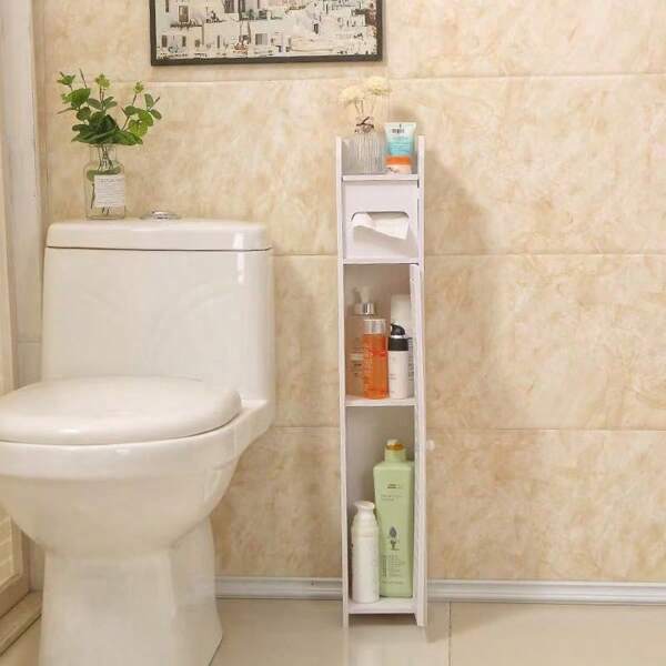 1 Stück schmaler Badezimmer Aufbewahrungsschrank mit Toilettenpapierhalter, kompakter Plastik Toiletten-Seitenschrank, platzsparender Badezimmer Organizer mit Toilettenpapierhalter & mehrstufigen Regalen | wasserfeste Badezimmer Regaleinheit | Badezimmer Accessoires