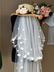 1 件双层仿珍珠花新娘头纱，华尔兹长度，适合婚礼仪式、婚纱摄影，带发梳 - V217 - 查看 4