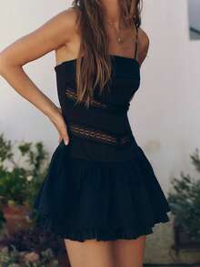 Women Y2k Mini Dress Summer Beach Vacation Boho Dress Lace Pachwork Short Ruffle Dress Spaghtti Strap Cami Dresses Bodycon A-Line Dress Streetwear Bohemian Clothes - 黑色 - 查看 3