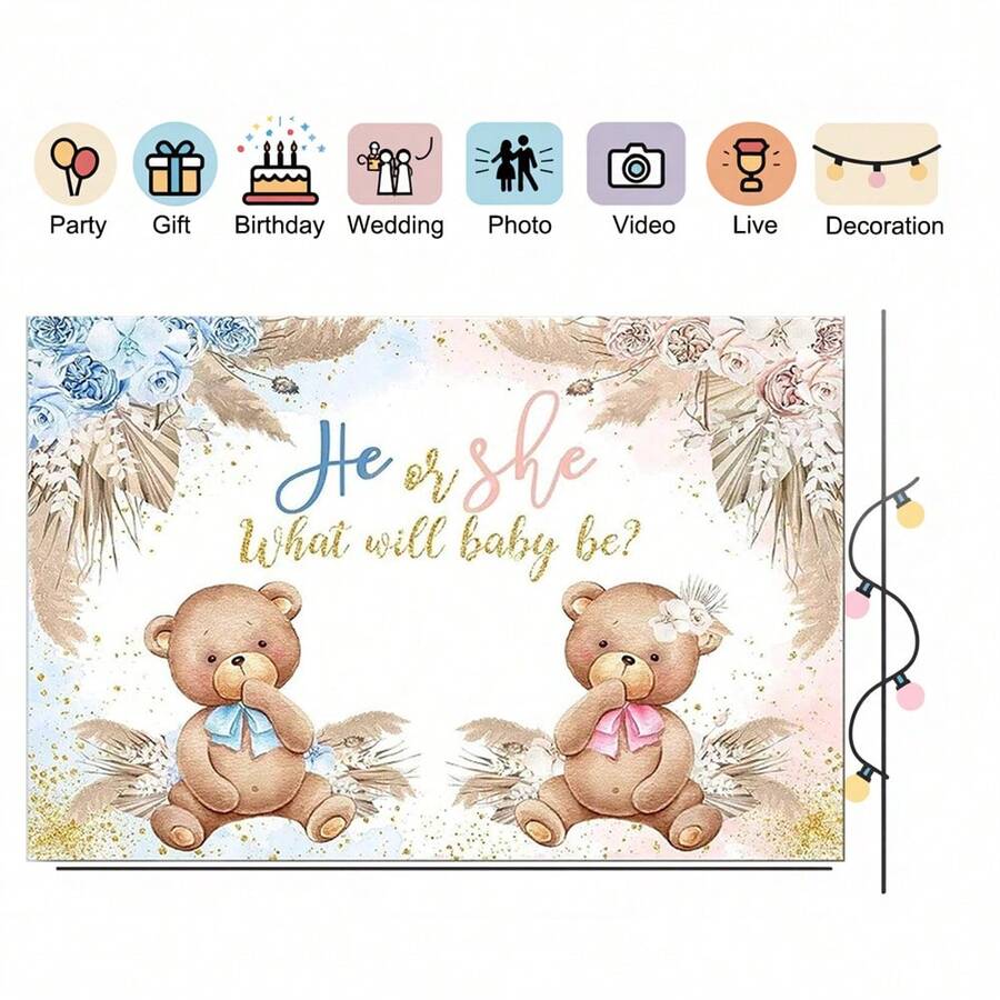 1 件玫瑰熊性别揭示背景横幅，210 * 150cm/150 * 100cm/100 * 75cm，浪漫摄影背景装饰，生日横幅，洗礼派对装饰，卧室、客厅、摄影工作室、直播的家居装饰