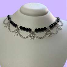 Star Choker With White Pearl Balls Punk Choker With Silver Chains - 黑珍珠 - 查看 1