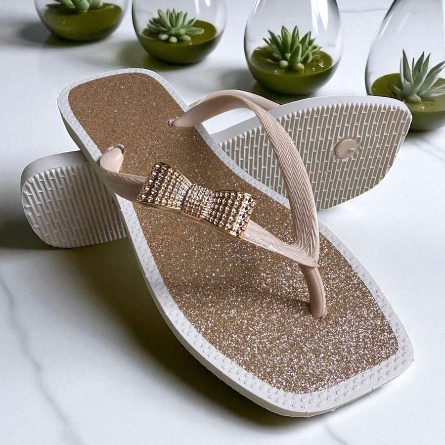 Women's Flip Flops With Cute Bow - Vàng với độ sáng bóng - Xem 1
