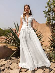 Faeriesty BohoBloom Lace Trim 2 Pieces Set: Sleeveless Cardigan Top And Flowing Midi Skirt - Essential Vacation Outfit (Beach, Garden Party, Holiday Wear) - White - View 5