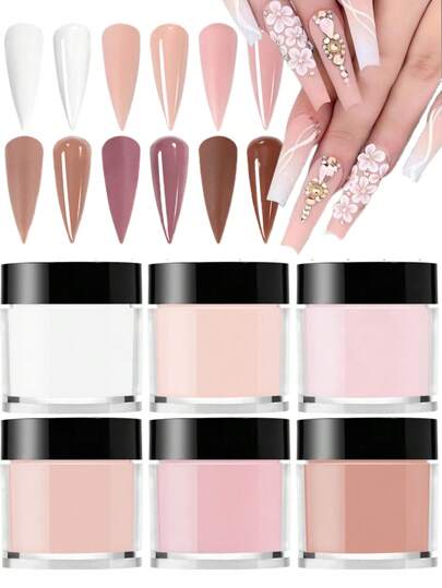 6色亚克力粉套装，裸色、粉色、白色高光泽亚克力粉套装，美甲DIY艺术设计，6色亚克力美甲3D雕塑法式美甲延长及美甲雕刻，专业聚合物3D亚克力美甲套装，赠送亚克力按压式美甲贴片