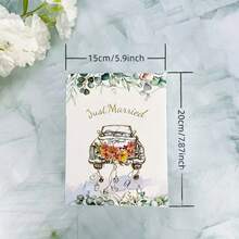 Tarjeta de boda 3D emergente "Recién casados", coche vintage con ilustración acuarela floral y portada con texto dorado, tarjeta de felicitación romántica para la novia y el novio, aniversario, para parejas y recién casados - Verde - Ver 3