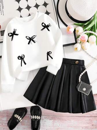 Tween Girls Bow Decor Round Neck Long Sleeve Top And Pleated Skirt Set