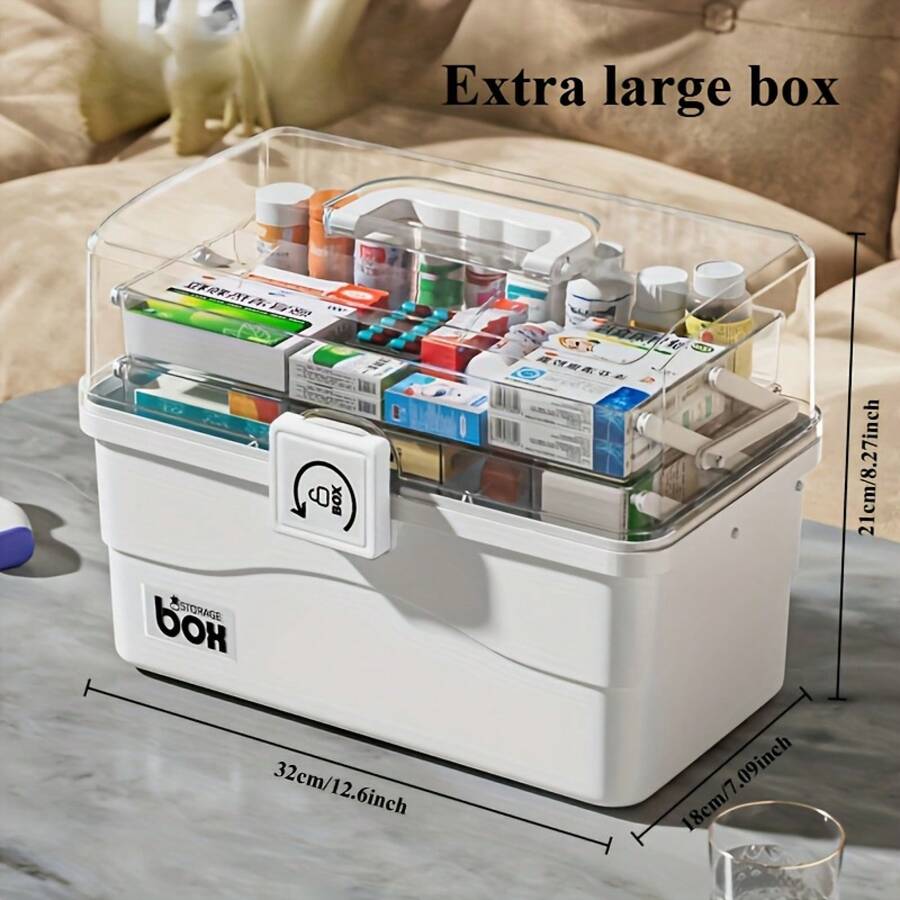 1pc Large Capacity Medicine Storage Box With Easy-Grip Handles - Durable, Multi-Layered Plastic Pill Organizer For Household, Travel & Office Use - Secure, Space-Saving Sundries Storage Solution - 白色 - 特大號 - 查看 1