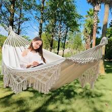 2 In 1 Bohemian Canvas Hammock And Swinging Chair Outdoor Camping Woven Tassels Swing Hammock Frame Portable Indoor-Outdoor Garden - Multicolor - View 2