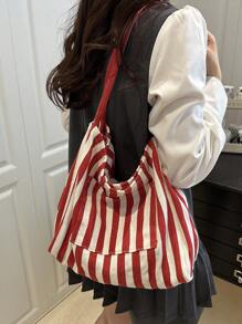 Bolso de lona a rayas retro elegante, de gran capacidad, espacioso y versátil, ideal para el trabajo, la escuela o salir, bolso escolar, bolso de lona, bolso de playa, bolso de compras [Colocación aleatoria de colores a rayas verticales]