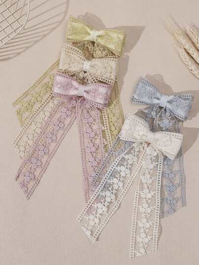 1 pieza Juego de pasadores para el cabello con lazo, bordado de encaje y floral, dulce y lindo para cola de caballo, elegante accesorio para el cabello de señora